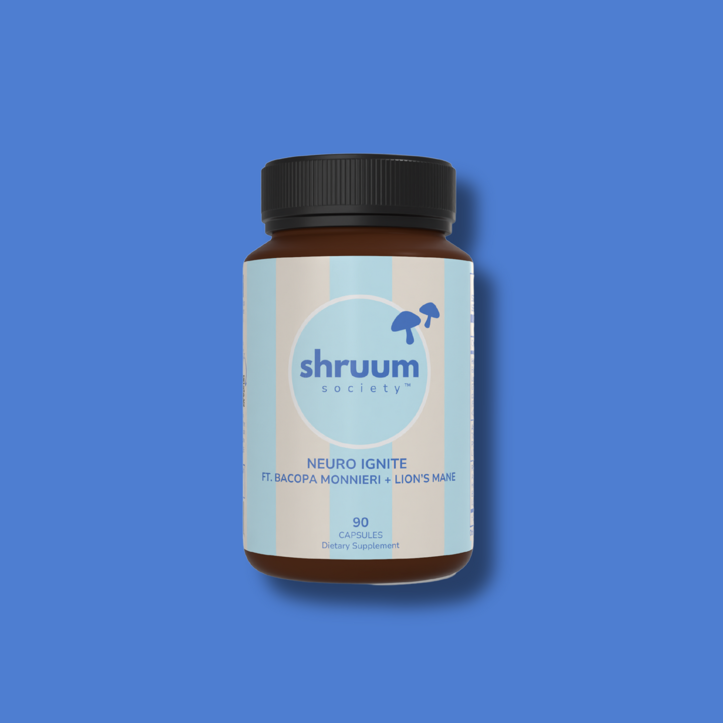 Supplement bottle labeled 'shruum' on a blue background