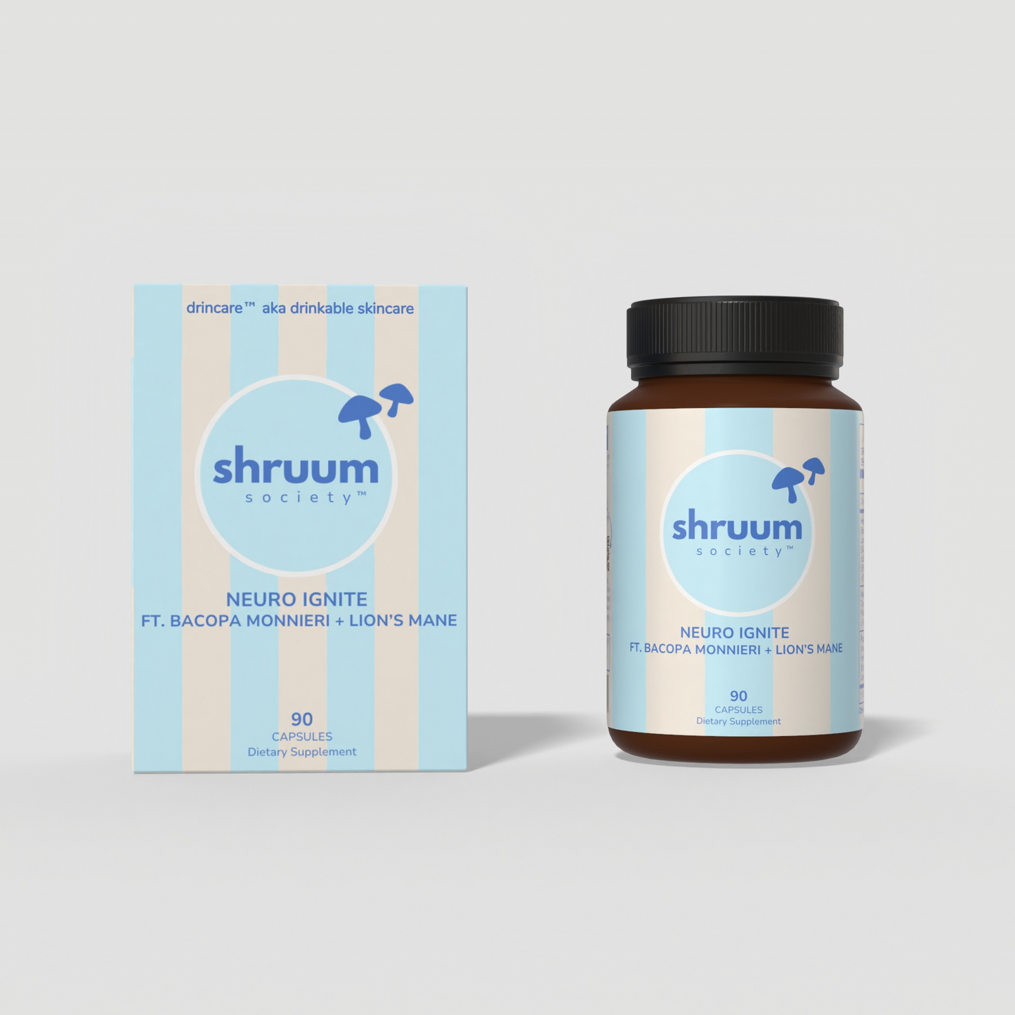 Shruum Neuro Ignite supplement bottle and packaging on a light gray background