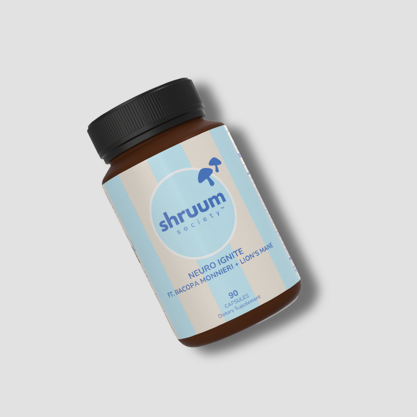 Supplement bottle with 'shruum' label on a light gray background