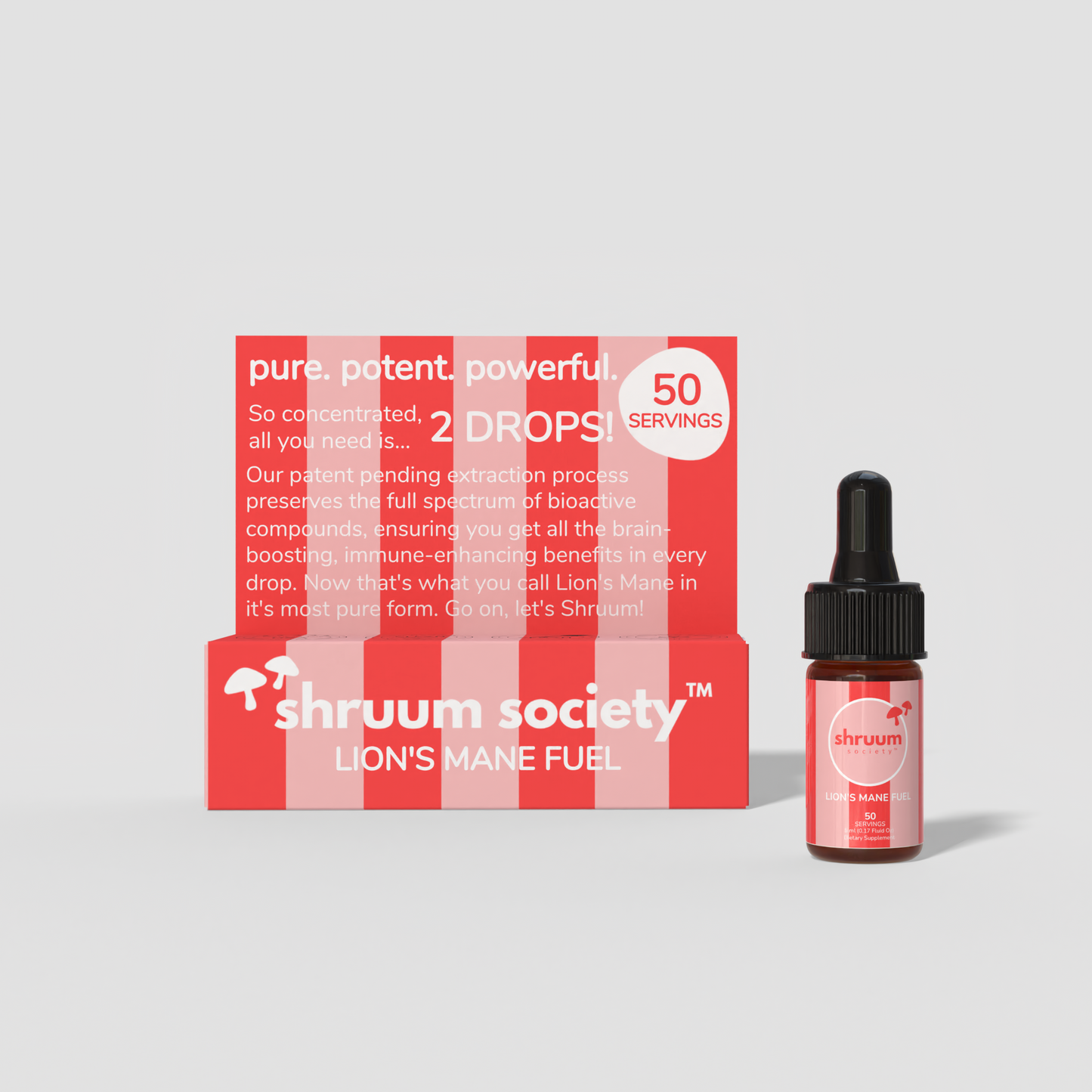 Shruum Society Lion's Mane Fuel bottle and packaging on a light gray background