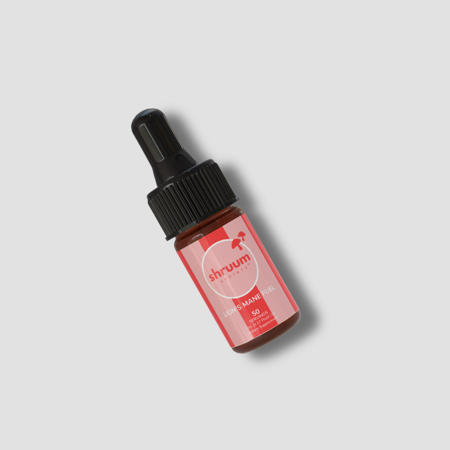 Small red bottle with black cap on a light gray background