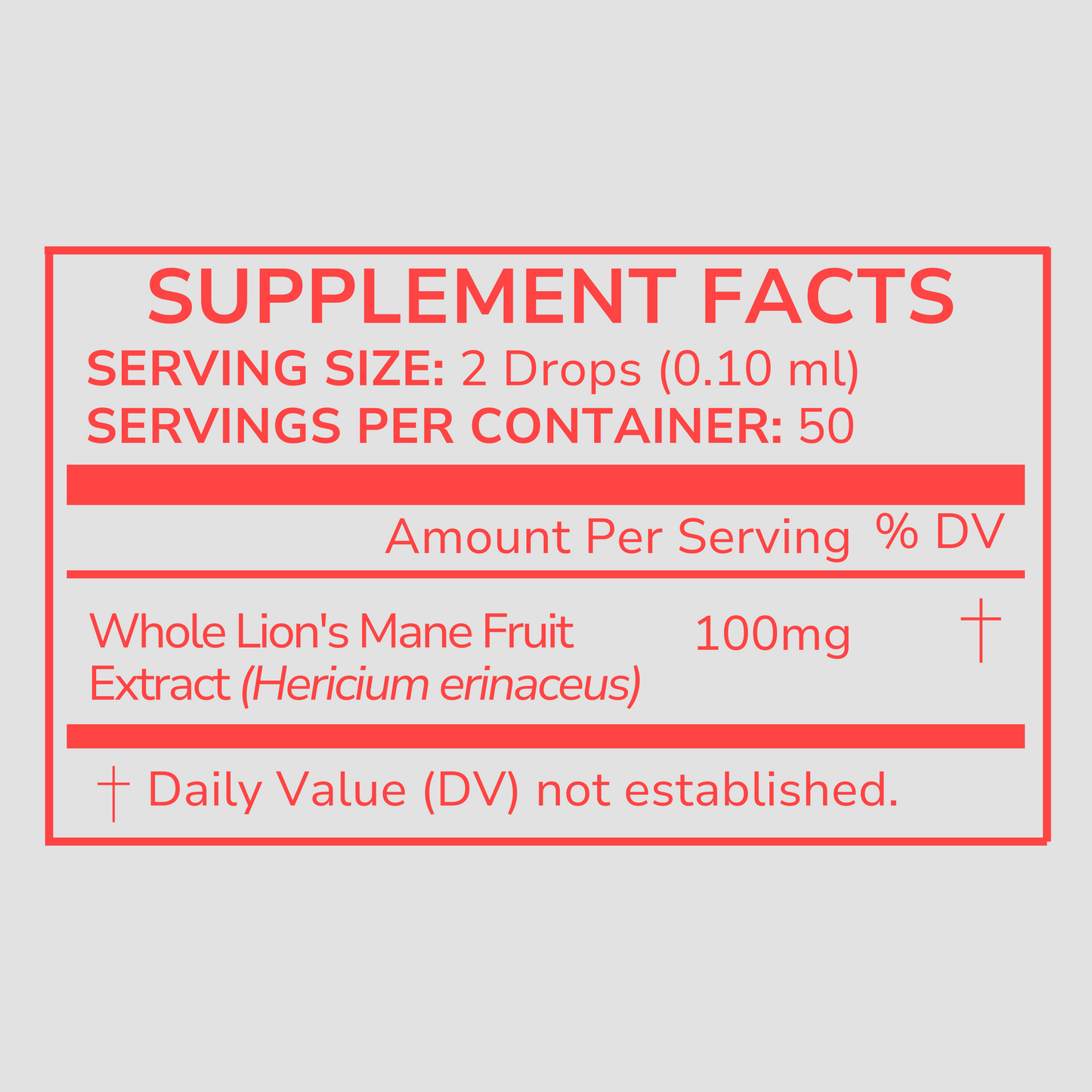 Supplement facts label for a product with lion's mane fruit extract on a light gray background