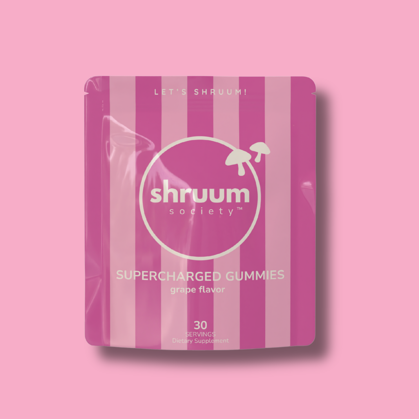 Pink and white striped package of shruuum society supercharged gummies on a pink background