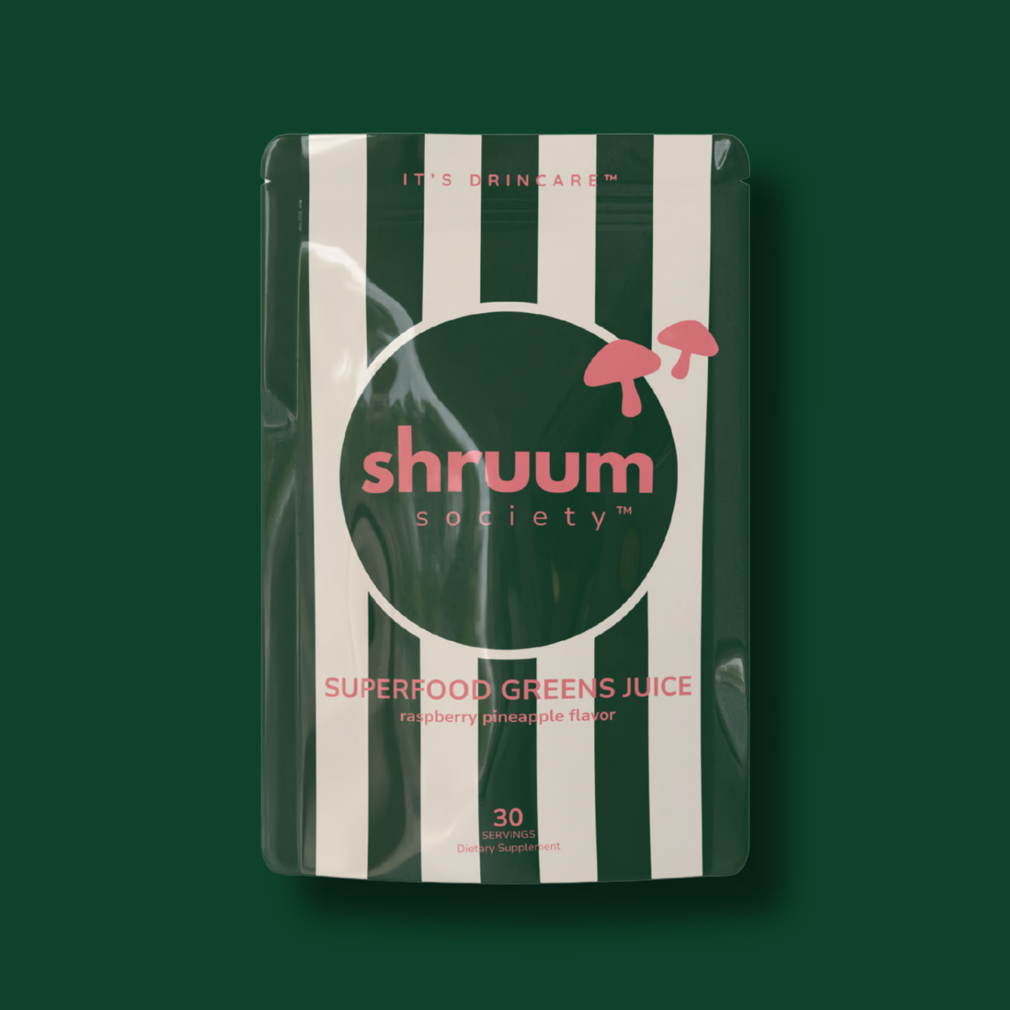 Shruum Society superfood greens juice package on a green background