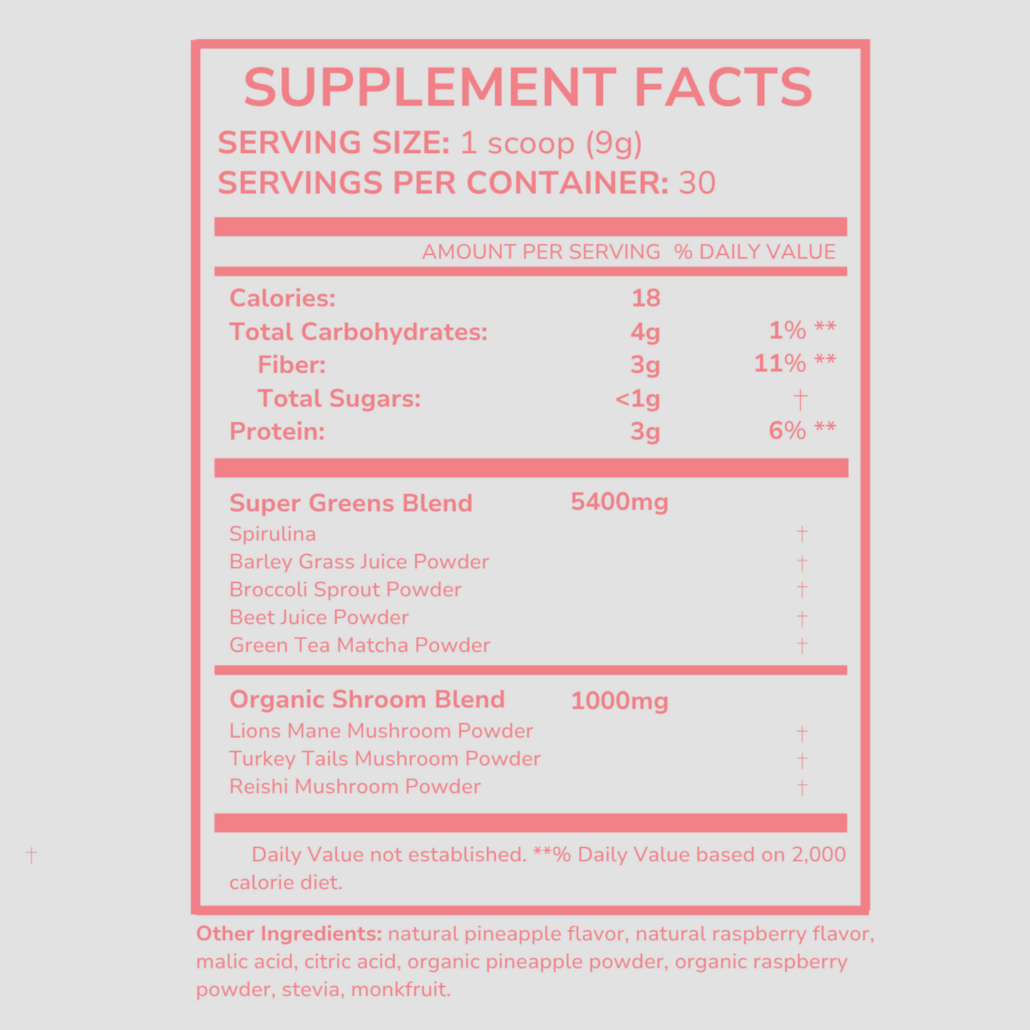 Supplement facts label with detailed nutritional information on a light gray background