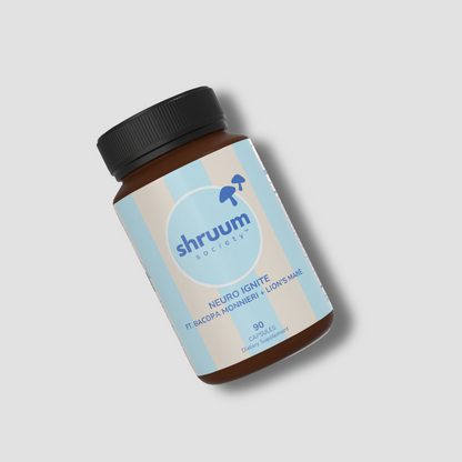 Supplement bottle with 'shruum' label on a light gray background
