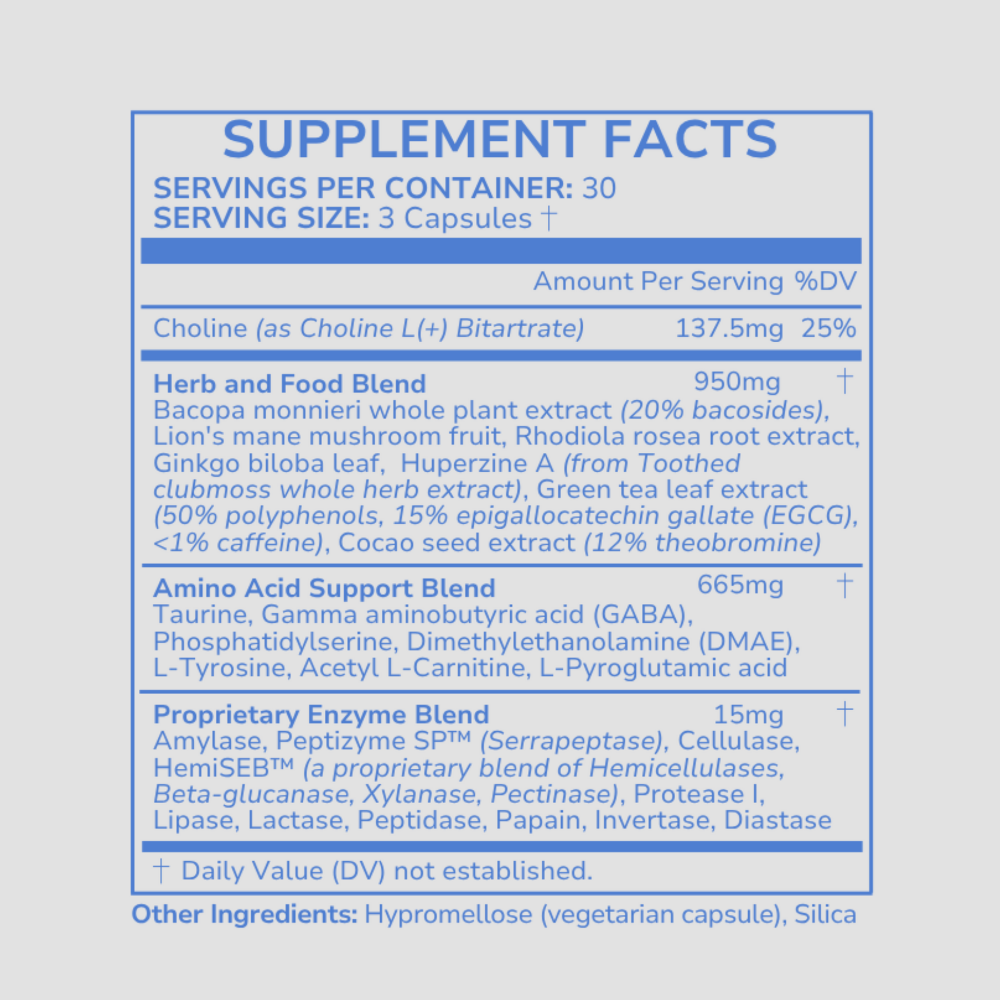 Supplement facts label with detailed ingredient list on a light gray background